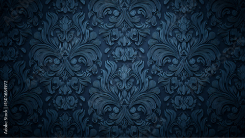 Close up of intricate dark blue damask pattern with floral and leaf motifs repeating across surface