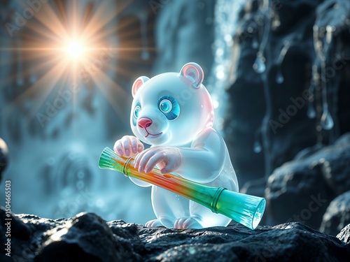Playful Panda Cub with Rainbow Instrument by Waterfall
