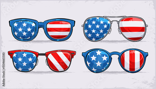 Hand drawn set of trendy sunglasses in American flag pattern, celebrating 4th of July in style, honoring veterans day and memorial day