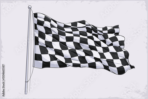 Hand drawn sport racing finish line flag flying in the air, waving checkered flag in black and white showing the end of the race