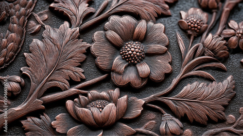 Close up shot of a detailed floral carving with leaves and flowers in a bronze color against black ground