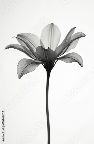 Minimalist X-ray illustration of flower against white background. Delicate semitransparent petals. Black-and-white design. Minimal, simple artwork. Ideal for decor, art prints, poster designs, photo