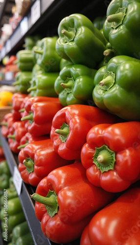 Red and green bell peppers stacked neatly on a supermarket shelf
