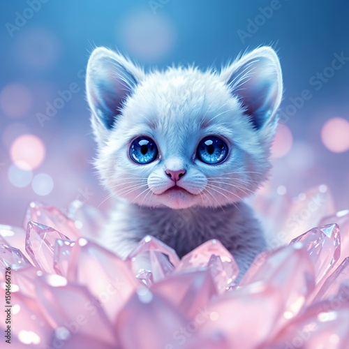 Adorable Blue-Eyed Kitten in Crystal Flowers