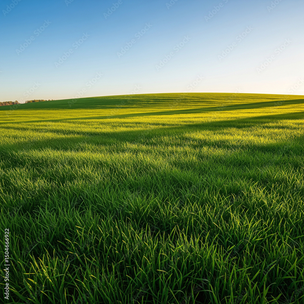 Obraz premium Lush Green Agricultural Field with Rolling Hills Under a Clear Blue Sky at Sunset