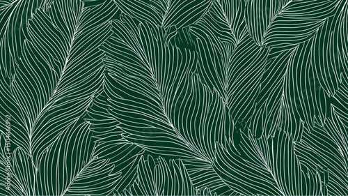 Abstract leaves pattern with white lines on dark green background creating a dense foliage design