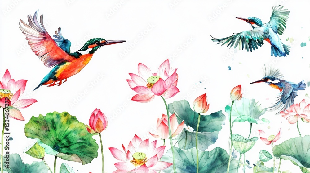Elegant kingfishers with floral lotus design Elegant kingfishers with floral lotus design