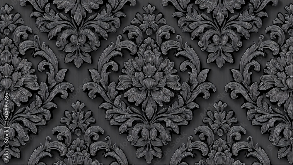 Detailed dark gray damask pattern with ornate floral and leaf designs repeating across the surface