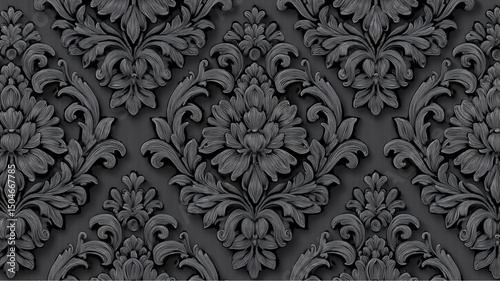 Detailed dark gray damask pattern with ornate floral and leaf designs repeating across the surface