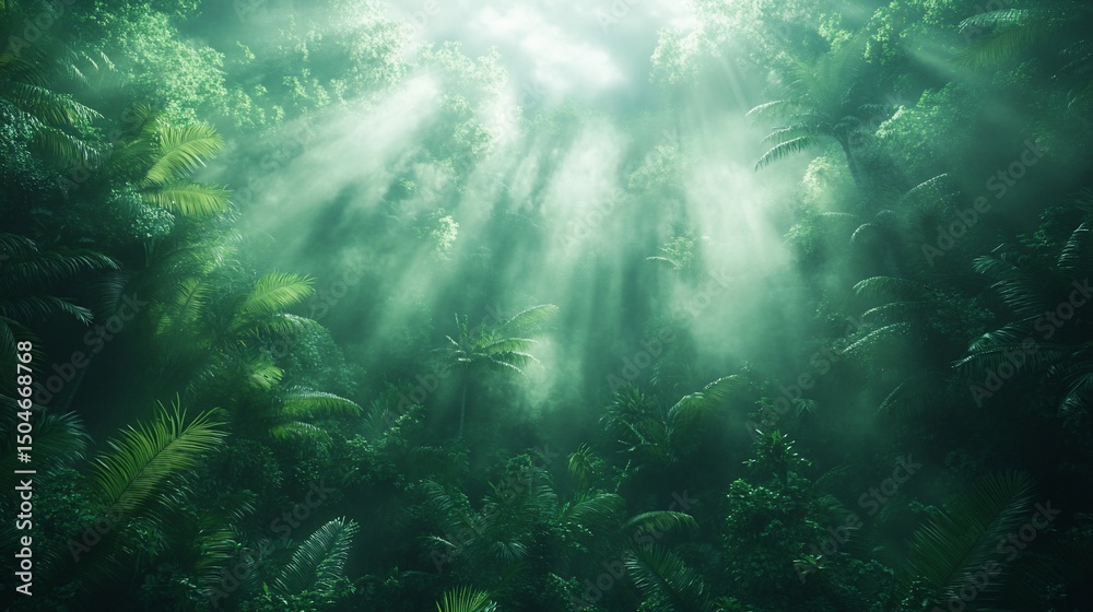 Obraz premium Sunlight illuminating the lush, dense canopy of a tropical rainforest paradise