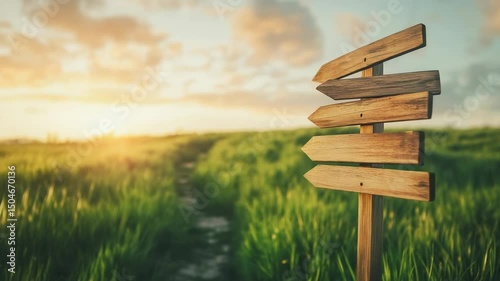 Multiple views of a wooden signpost with several arrows pointing in different directions, standing in a green field with a path at sunset, symbolizing choices, decisions, and the concept of fobo