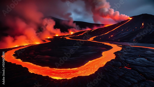 Forest Fire Blaze with Flames and Smoke at Night photo