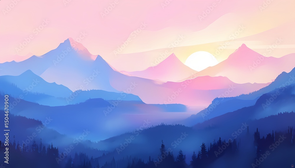 Obraz premium Majestic Sunrise Over Misty Mountain Landscape in Pastel Colors