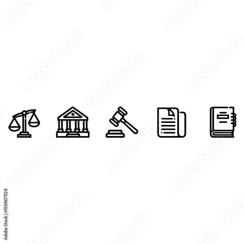 Legal and justice icons in black outline on white background