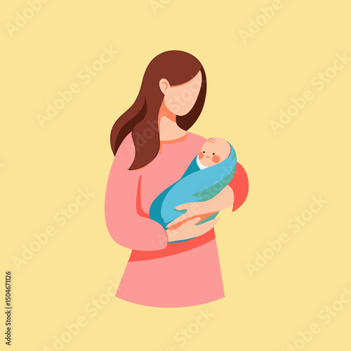 Mother holding newborn baby in blanket on yellow background