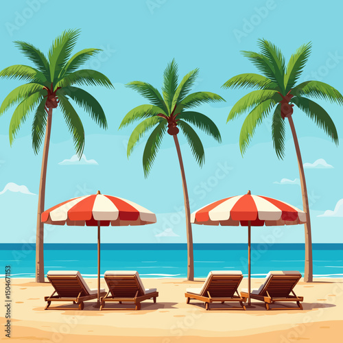 Beach chairs and umbrellas under palm trees on tropical beach