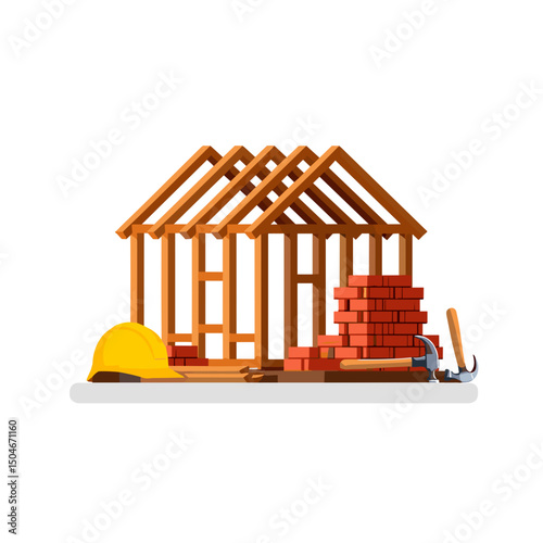 Wooden house frame under construction with bricks and tools
