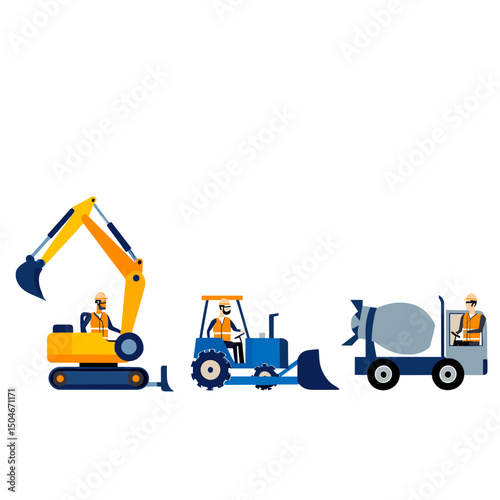Construction workers driving heavy machinery in flat style