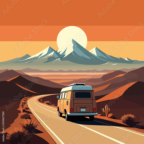 Camper van driving on desert road with mountain sunset view