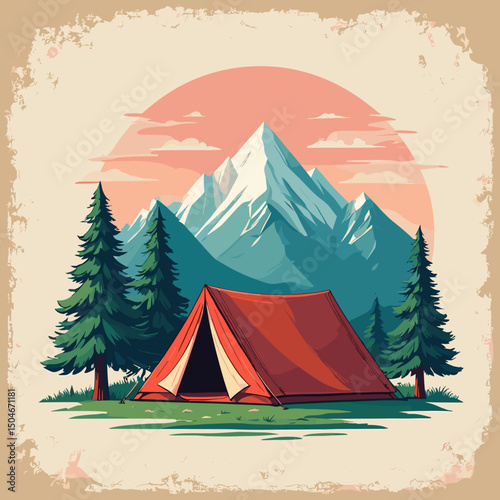 Red camping tent in forest with mountain background