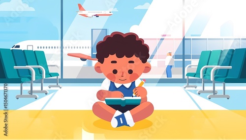 A boy in a calm mood sits on the floor at the airport terminal writing in a notebook while waiting.