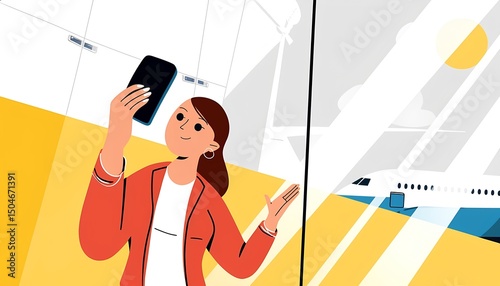 Woman Taking Travel Selfie at Airport – Boarding Scene with Plane View