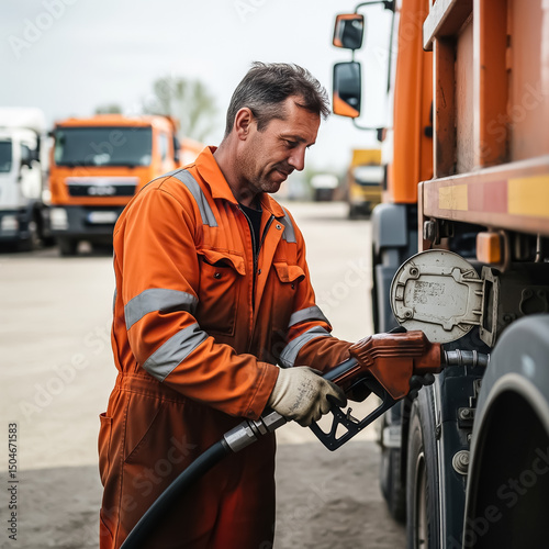 Gas station worker refueling a large truck in a transport yard during a sunny afternoon