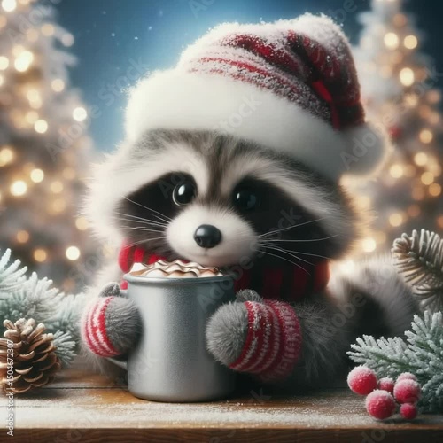 Raccoon Drinking from a Mug Wearing a Christmas Hat – Cute Cozy Holiday Moment