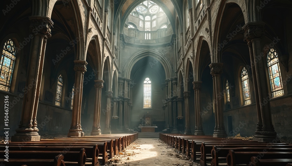 Fototapeta premium Ancient cathedral interior. Vintage gothic architecture, old religious building. Sunlight streams through stained glass windows. Empty pews, altar create mysterious atmosphere, evoking feelings of