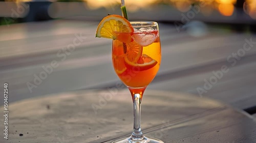 Refreshing Orange Cocktail with Citrus Slices on Patio Table photo