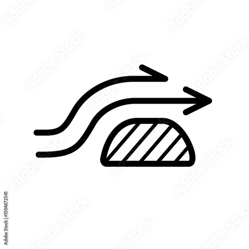 Aerodynamic shape line icon with rounded air flow arrows and solid object profile with hatching. Editable stroke.