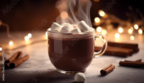Hot Chocolate with Marshmallows and Cinnamon in Cozy Lights
