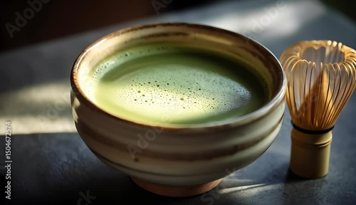 Authentic Matcha Tea in Handmade Ceramic Bowl with Bamboo Whisk