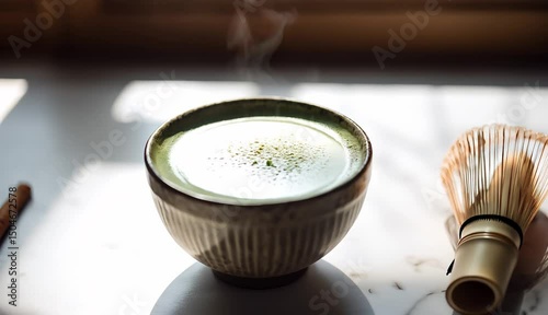 Ceremonial Matcha Green Tea in Japanese Bowl by Window