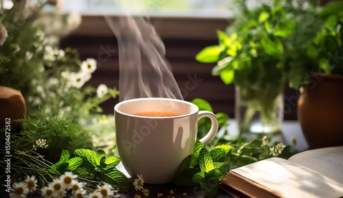 Herbal Chamomile Tea Surrounded by Fresh Leaves and Blossoms