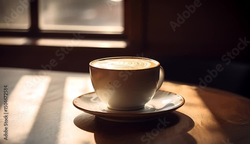 Warm Cappuccino in White Cup on a Wooden Café Table