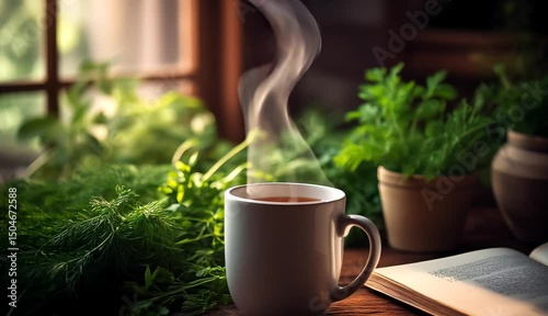 Herbal Tea in White Mug with Steam by the Window and Greenery