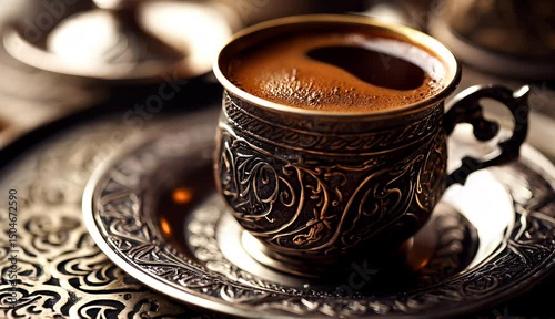 Traditional Turkish Coffee in Ornate Cup and Saucer Set