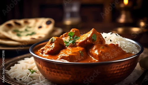 Creamy Indian Butter Chicken with Rice and Naan on Rustic Table