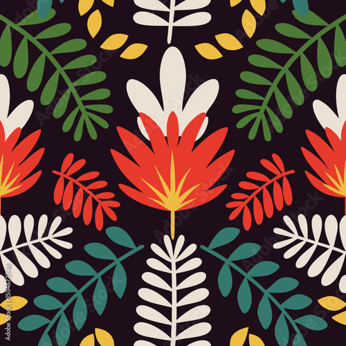 Colorful floral pattern with stylized leaves and a dark background for creative designs.