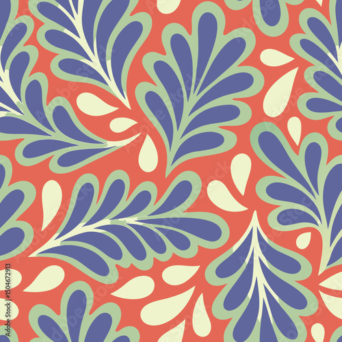 Seamless floral pattern design featuring stylized leaves in complementary color scheme and a retro vibe.