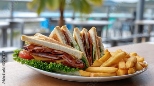 Delicious club sandwich with crispy fries served in a casual cafe setting on a sunny day