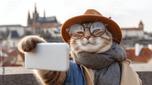 Cat dressed in clothes, glasses and hat takes selfie in Prague with historic buildings in the background during a bright day