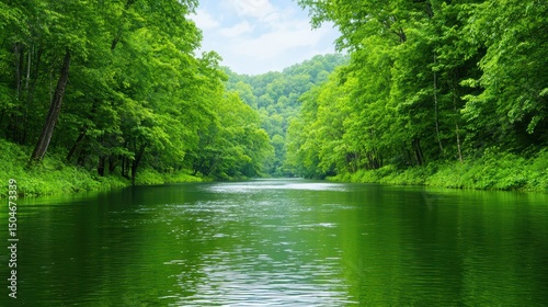 Serene River Surrounded by Lush Green Trees in a Tranquil Forest Setting