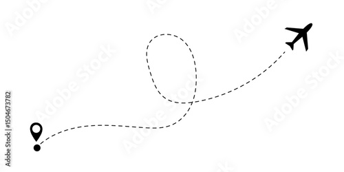 Airplane line path vector icon of air plane flight route with start point and dash line trace