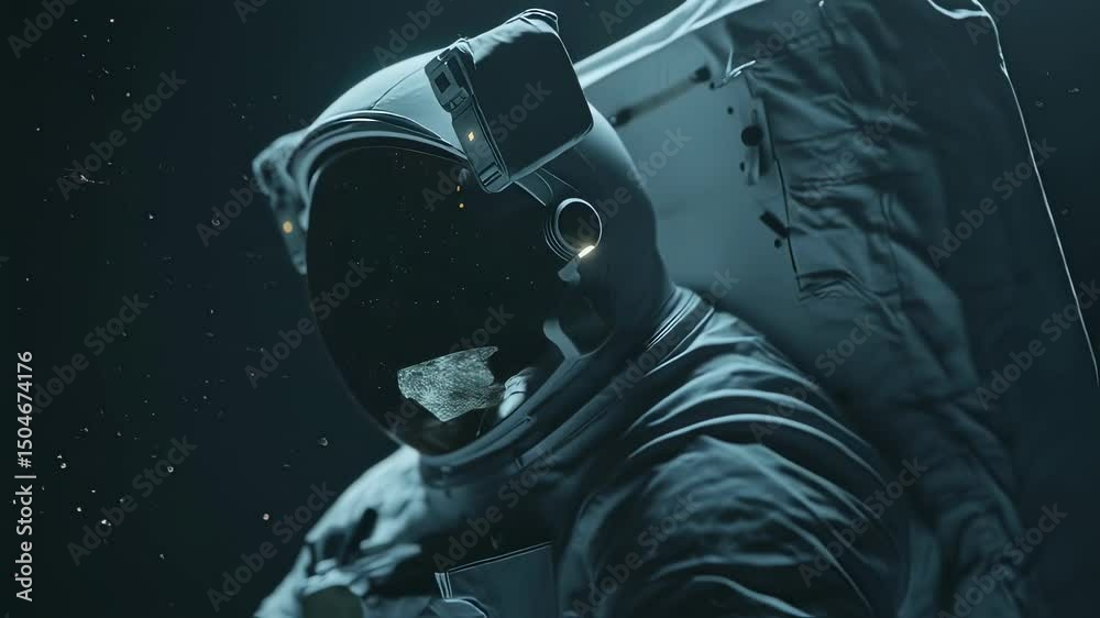 Particles are slowly drifting around an astronaut wearing a spacesuit and helmet, illuminated by a bright light source in the dark expanse of space
