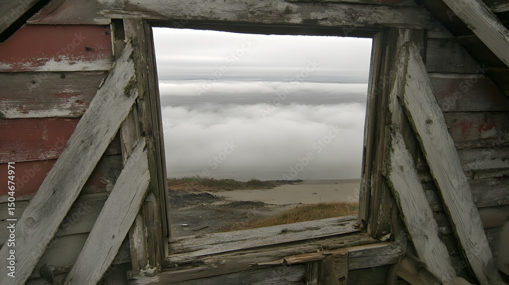 Obraz premium Foggy Seascape Viewed Through Rustic Window of Abandoned Cabin