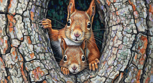 a squirrel with her baby squirrel inside a hollow tree, vector image