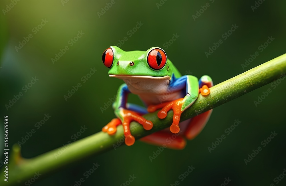 Naklejka premium Red-eyed tree frog Agalychnis callidryas sitting on green tree branch. Vivid colors, bright red eyes, vibrant green skin, blue, orange accents. Exotic amphibian in tropical rainforest habitat.
