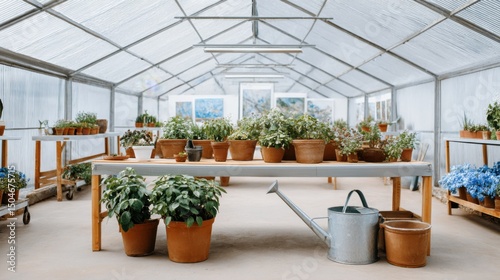 Beautiful greenhouse filled with vibrant plants and flowers creating a cozy atmosphere in soft pastel colors